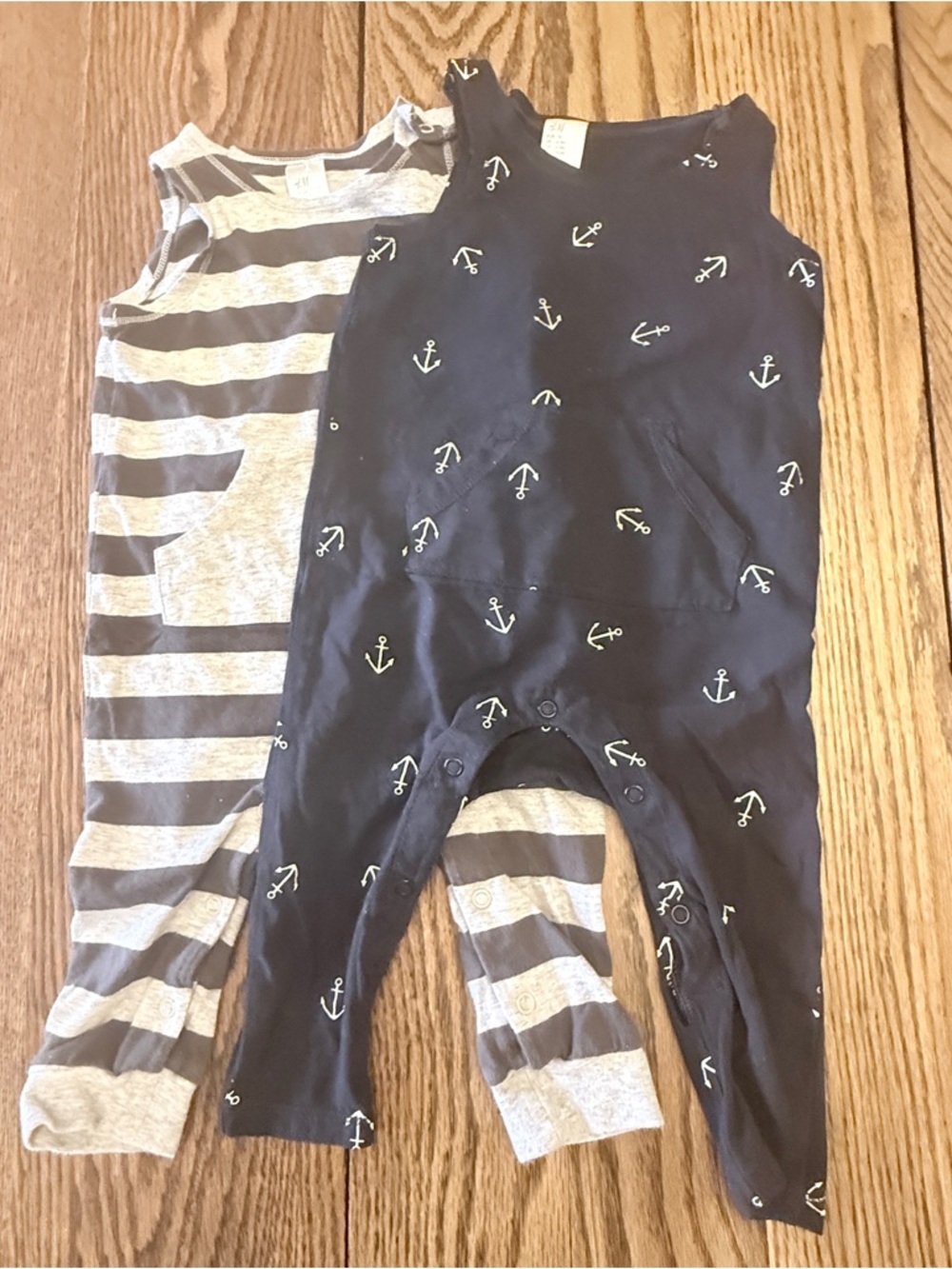 H&M Summer Sleeveless Romper Lot - Navy Anchor & Gray Striped Sz 6-9 months BBB